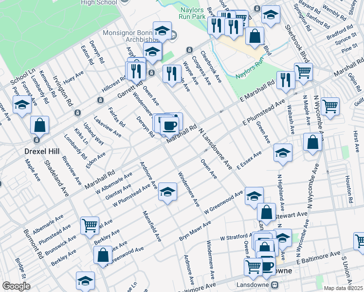 map of restaurants, bars, coffee shops, grocery stores, and more near 53 West Albemarle Avenue in Lansdowne