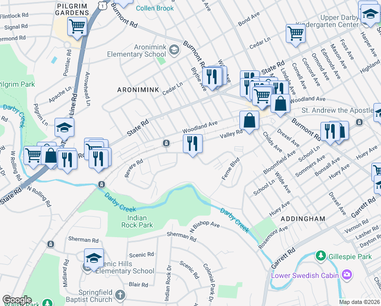 map of restaurants, bars, coffee shops, grocery stores, and more near 58-1 Drexelbrook Drive in Upper Darby