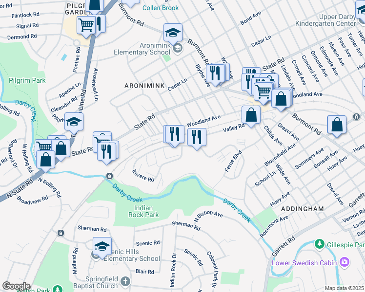 map of restaurants, bars, coffee shops, grocery stores, and more near 4812 Drexelbrook Drive in Drexel Hill