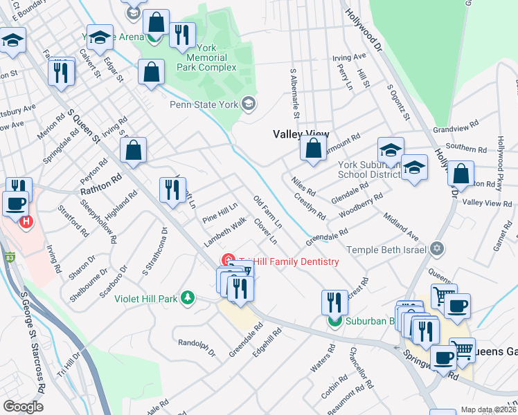 map of restaurants, bars, coffee shops, grocery stores, and more near 1549 Clover Lane in York