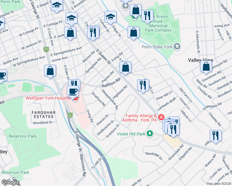 map of restaurants, bars, coffee shops, grocery stores, and more near 165 Highland Road in York