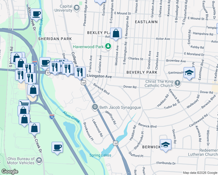 map of restaurants, bars, coffee shops, grocery stores, and more near 2374 Berwick Boulevard in Columbus