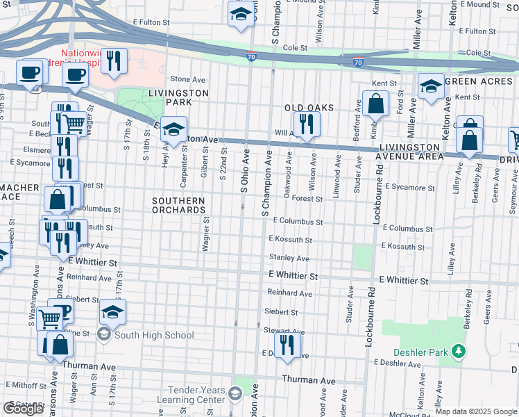 map of restaurants, bars, coffee shops, grocery stores, and more near 913 South Champion Avenue in Columbus