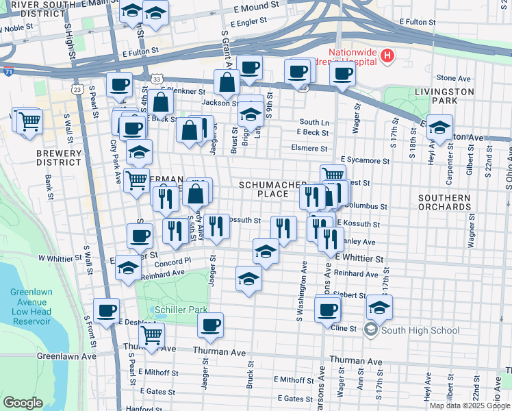 map of restaurants, bars, coffee shops, grocery stores, and more near 819 Bruck Street in Columbus