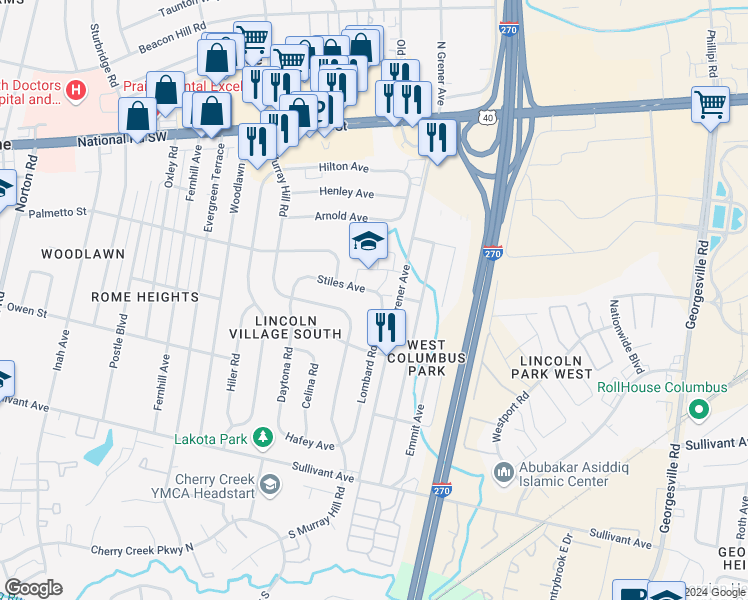 map of restaurants, bars, coffee shops, grocery stores, and more near 354 South Murray Hill Road in Columbus