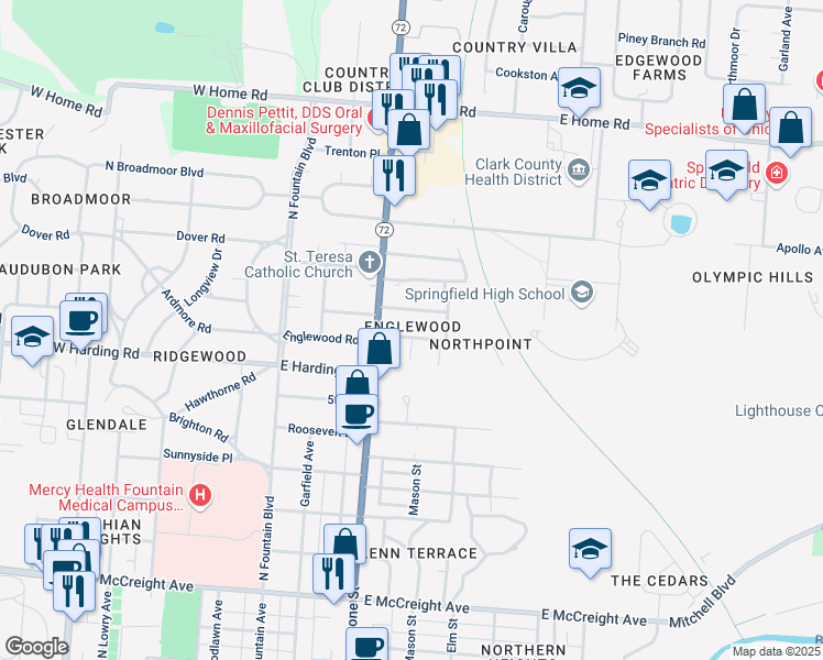 map of restaurants, bars, coffee shops, grocery stores, and more near 226 Englewood Road in Springfield