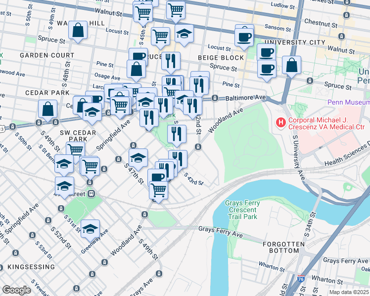 map of restaurants, bars, coffee shops, grocery stores, and more near 601 South 43rd Street in Philadelphia