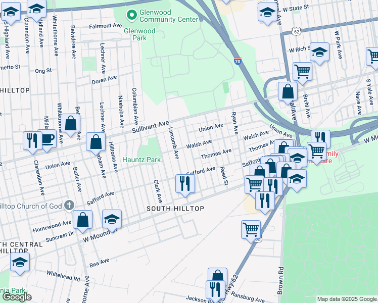 map of restaurants, bars, coffee shops, grocery stores, and more near 491 Townsend Avenue in Columbus