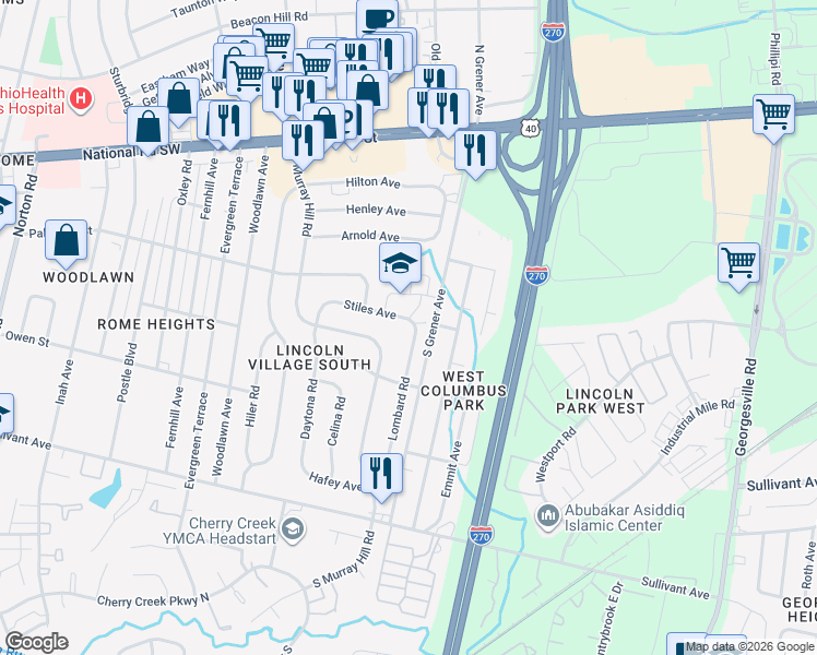 map of restaurants, bars, coffee shops, grocery stores, and more near 354 South Murray Hill Road in Columbus