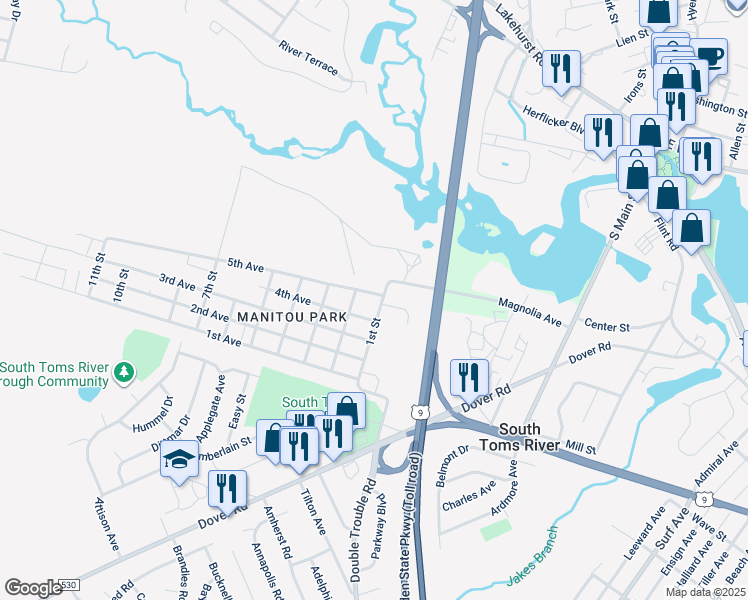 map of restaurants, bars, coffee shops, grocery stores, and more near 54 1st Street in Toms River