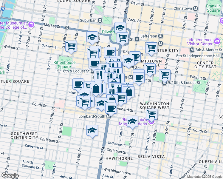 map of restaurants, bars, coffee shops, grocery stores, and more near 260 South Broad Street in Philadelphia