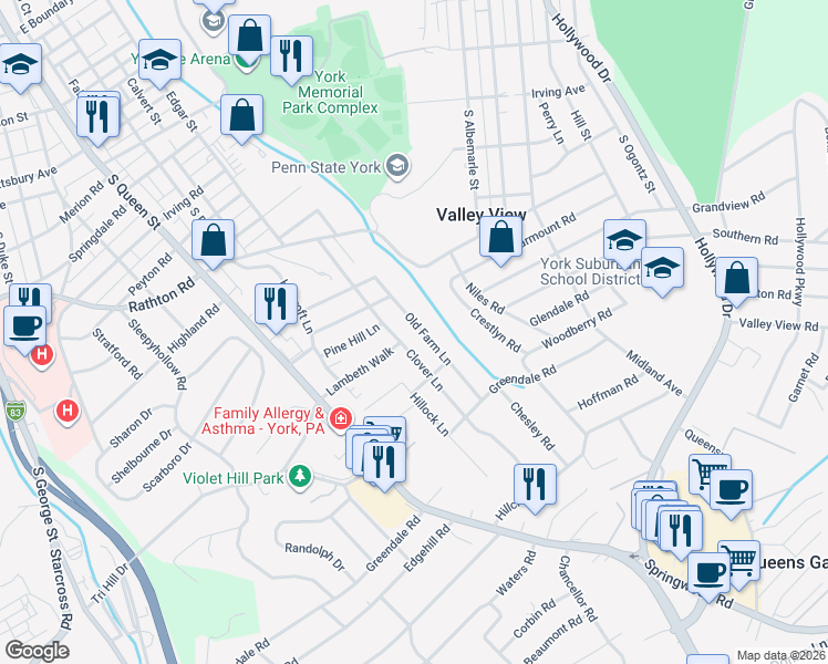 map of restaurants, bars, coffee shops, grocery stores, and more near 1549 Clover Lane in York