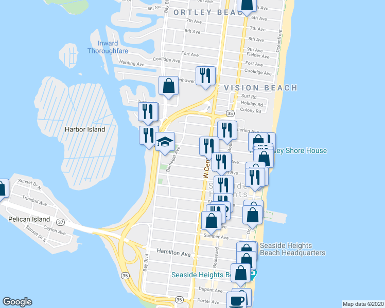 map of restaurants, bars, coffee shops, grocery stores, and more near 234 Kearney Avenue in Seaside Heights