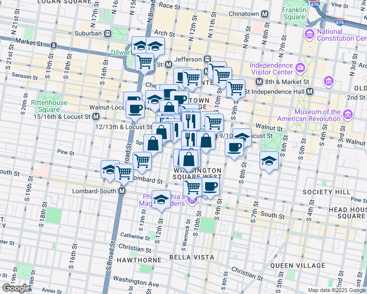 map of restaurants, bars, coffee shops, grocery stores, and more near 1117 Spruce Street in Philadelphia