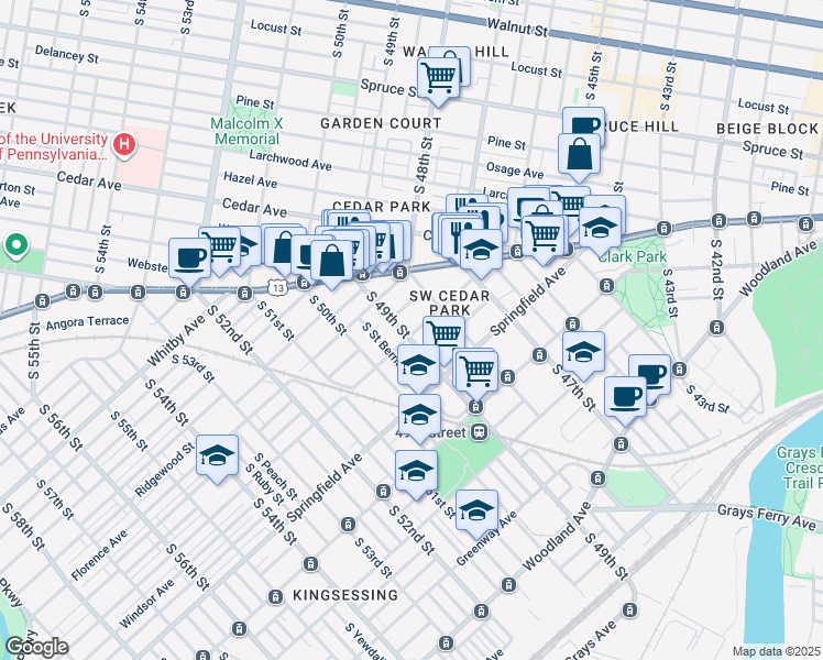 map of restaurants, bars, coffee shops, grocery stores, and more near 835 South 49th Street in Philadelphia