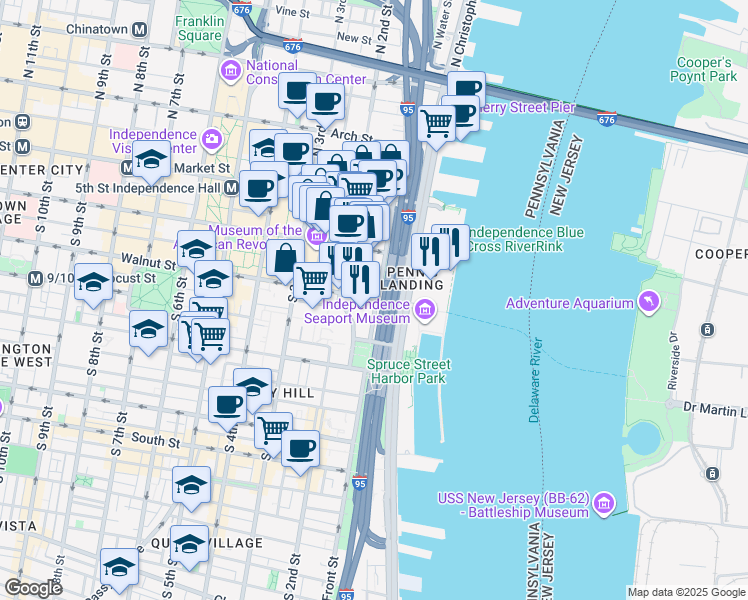 map of restaurants, bars, coffee shops, grocery stores, and more near 18 Walnut Street in Philadelphia