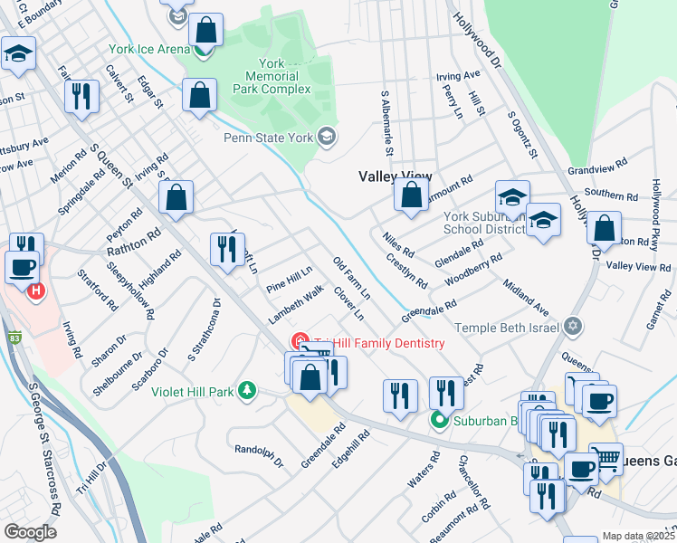 map of restaurants, bars, coffee shops, grocery stores, and more near 1548 Old Farm Lane in York