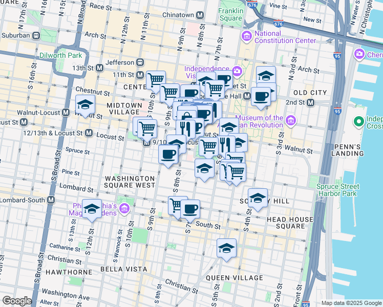 map of restaurants, bars, coffee shops, grocery stores, and more near 226 West Washington Square in Philadelphia