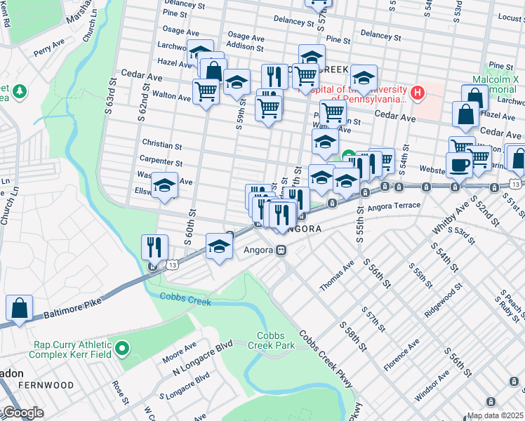 map of restaurants, bars, coffee shops, grocery stores, and more near 931 South 58th Street in Philadelphia
