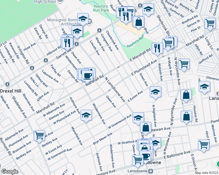 map of restaurants, bars, coffee shops, grocery stores, and more near 9 West Plumstead Avenue in Lansdowne