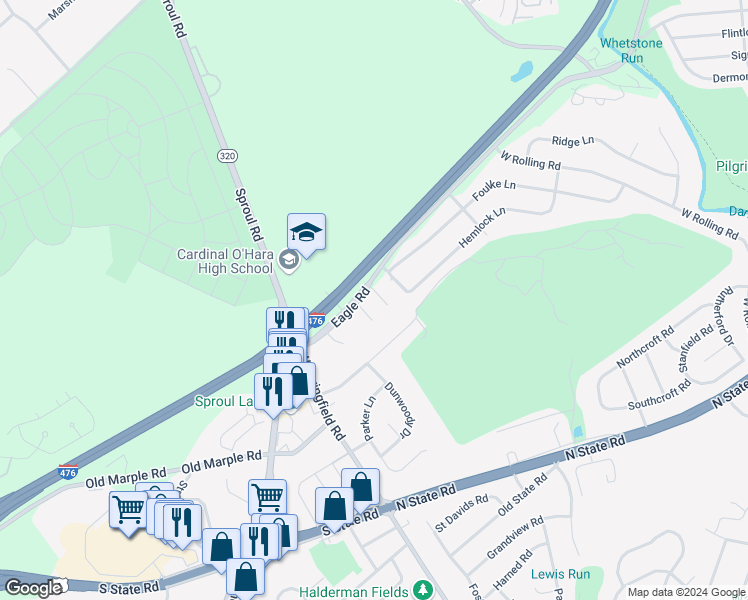 map of restaurants, bars, coffee shops, grocery stores, and more near 119 Eagle Road in Springfield