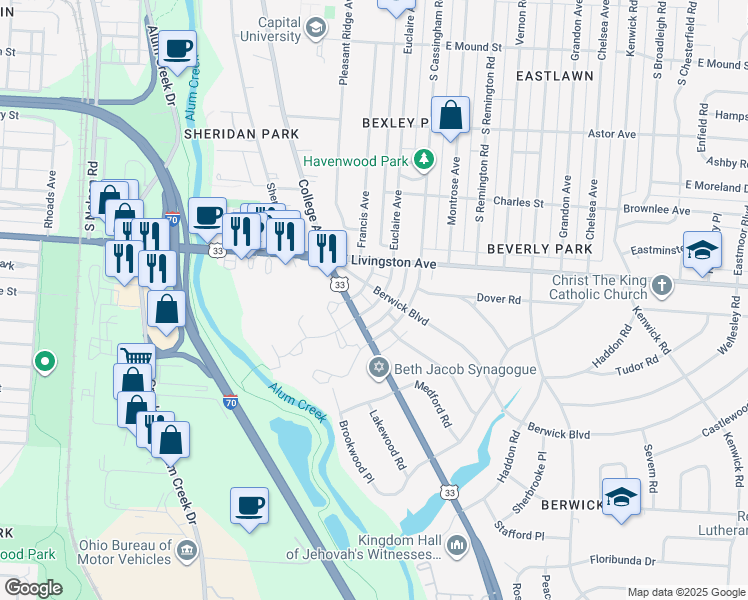 map of restaurants, bars, coffee shops, grocery stores, and more near 2315 Berwick Boulevard in Columbus