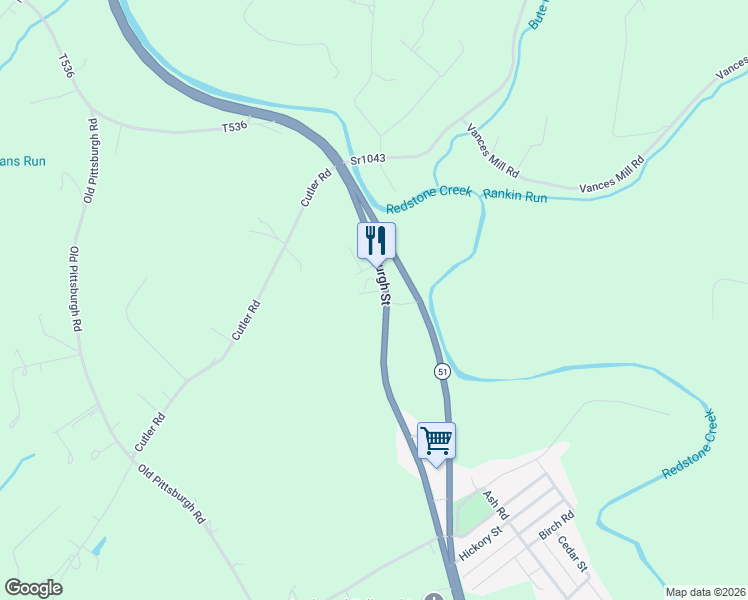 map of restaurants, bars, coffee shops, grocery stores, and more near 1227 Pittsburgh Rd in Uniontown