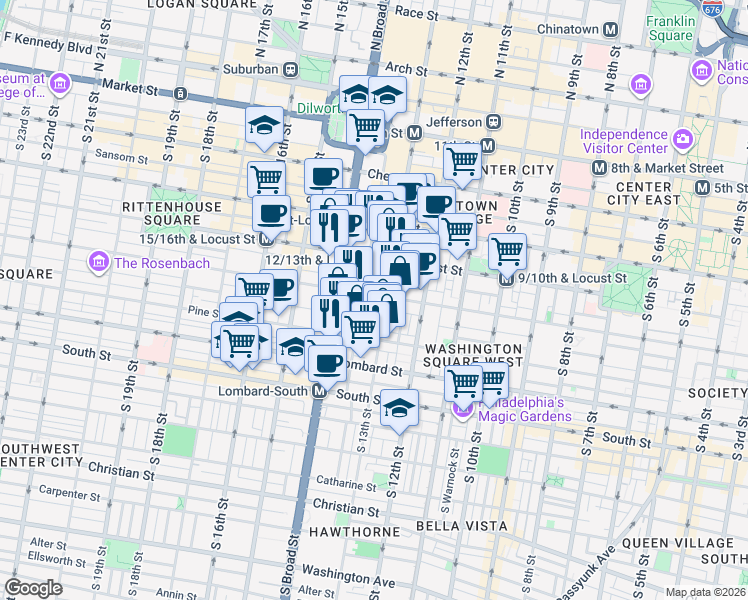 map of restaurants, bars, coffee shops, grocery stores, and more near 1314 Spruce Street in Philadelphia