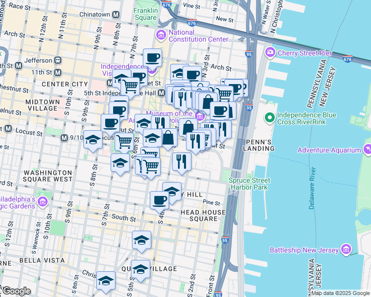 map of restaurants, bars, coffee shops, grocery stores, and more near 3 Willings Alley Mews in Philadelphia