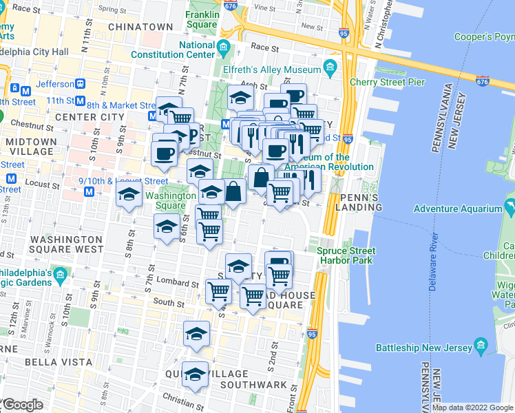 map of restaurants, bars, coffee shops, grocery stores, and more near 3 Willings Alley Mews in Philadelphia