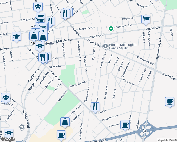 map of restaurants, bars, coffee shops, grocery stores, and more near 311 Saint James Avenue in Merchantville