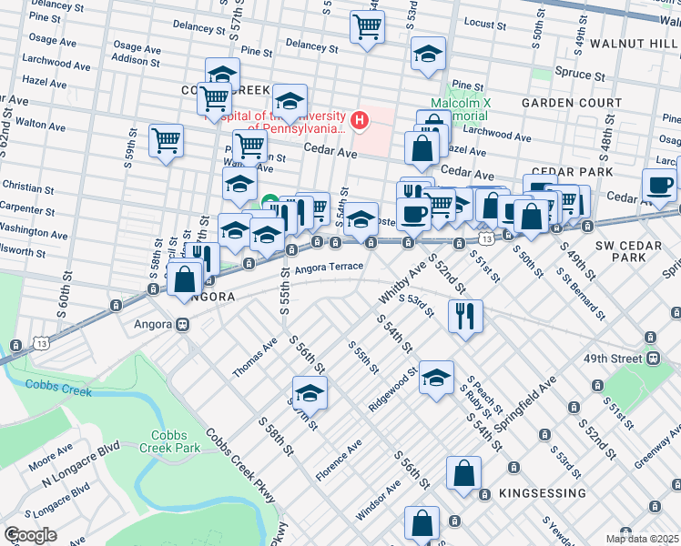 map of restaurants, bars, coffee shops, grocery stores, and more near 5326 Angora Terrace in Philadelphia