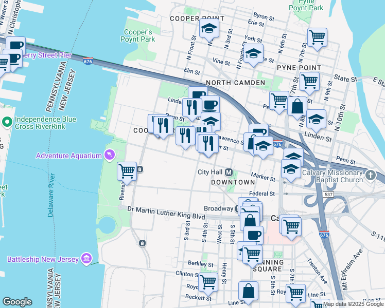map of restaurants, bars, coffee shops, grocery stores, and more near 213 Market Street in Camden