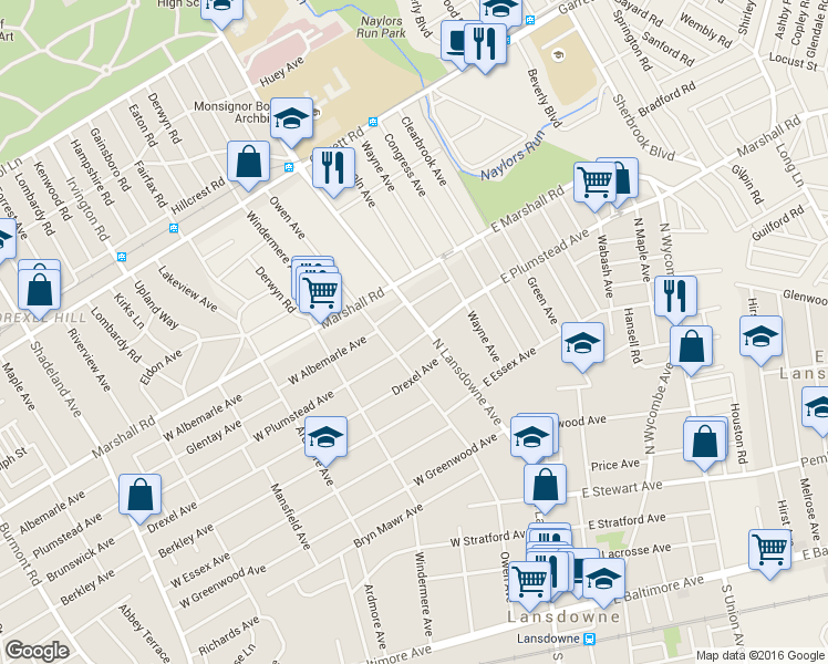 map of restaurants, bars, coffee shops, grocery stores, and more near 9 West Plumstead Avenue in Lansdowne