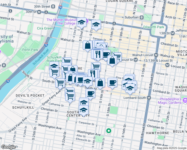 map of restaurants, bars, coffee shops, grocery stores, and more near 2008 Pine Street in Philadelphia