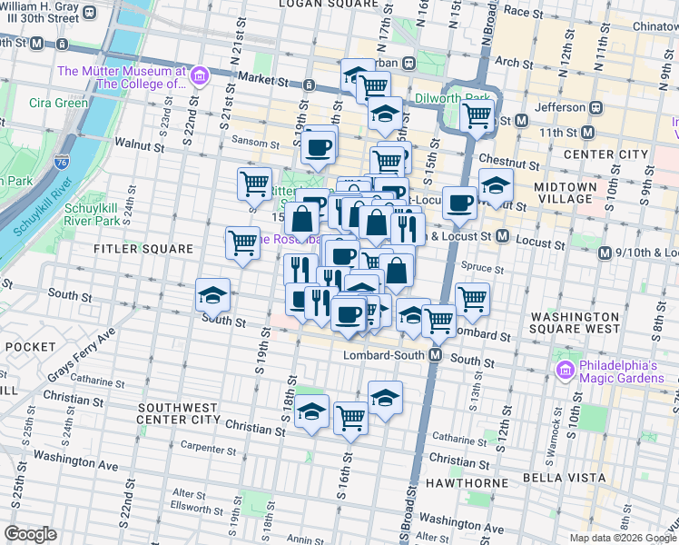 map of restaurants, bars, coffee shops, grocery stores, and more near 341 South 17th Street in Philadelphia