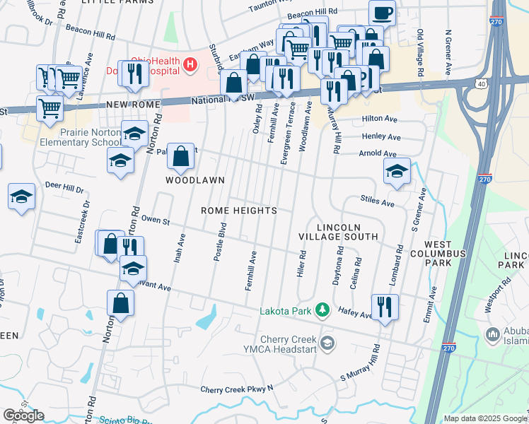 map of restaurants, bars, coffee shops, grocery stores, and more near 264 Fernhill Avenue in Columbus