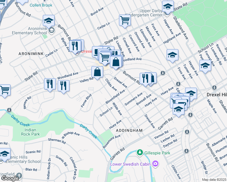 map of restaurants, bars, coffee shops, grocery stores, and more near 634 Childs Avenue in Drexel Hill