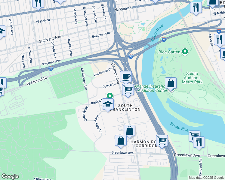 map of restaurants, bars, coffee shops, grocery stores, and more near 765 Pierce Drive in Columbus