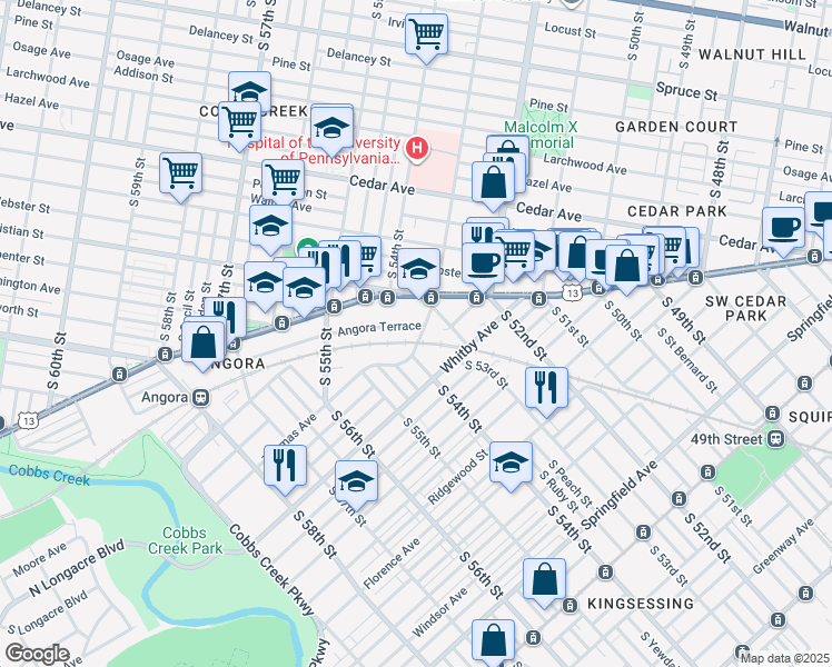 map of restaurants, bars, coffee shops, grocery stores, and more near 5326 Angora Terrace in Philadelphia
