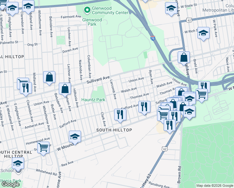 map of restaurants, bars, coffee shops, grocery stores, and more near 488 Larcomb Avenue in Columbus