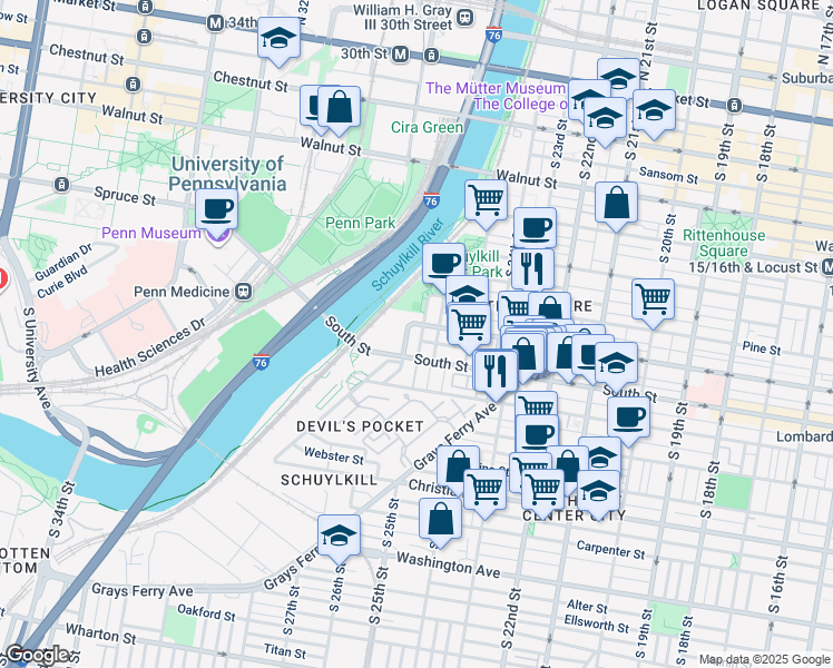 map of restaurants, bars, coffee shops, grocery stores, and more near North Taney Street in Philadelphia