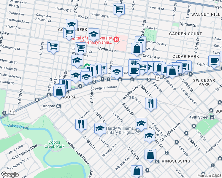 map of restaurants, bars, coffee shops, grocery stores, and more near 5326 Angora Terrace in Philadelphia
