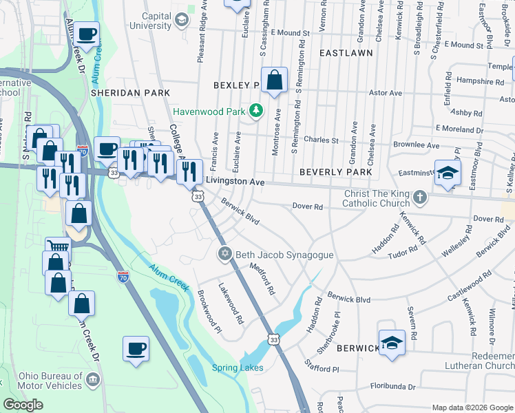 map of restaurants, bars, coffee shops, grocery stores, and more near 2374 Berwick Boulevard in Columbus