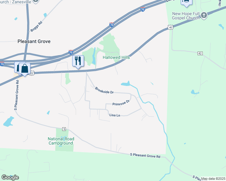 map of restaurants, bars, coffee shops, grocery stores, and more near 3095 Brookside Drive in Zanesville