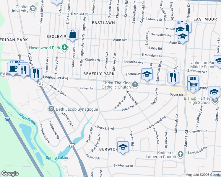 map of restaurants, bars, coffee shops, grocery stores, and more near 2646 Dover Road in Columbus