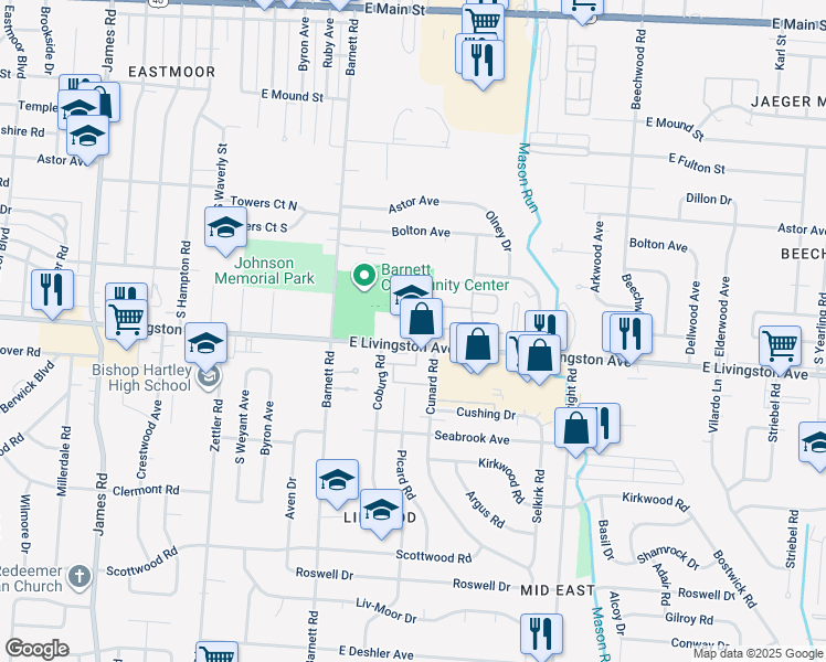 map of restaurants, bars, coffee shops, grocery stores, and more near 3474 East Livingston Avenue in Columbus