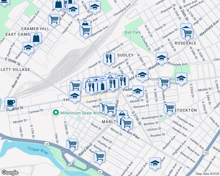 map of restaurants, bars, coffee shops, grocery stores, and more near 2611 Westfield Avenue in Camden