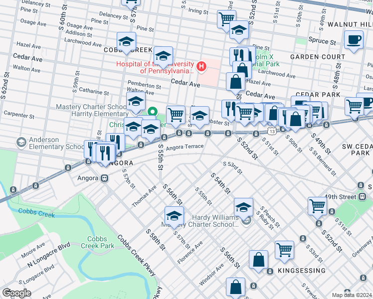 map of restaurants, bars, coffee shops, grocery stores, and more near 5336 Angora Terrace in Philadelphia