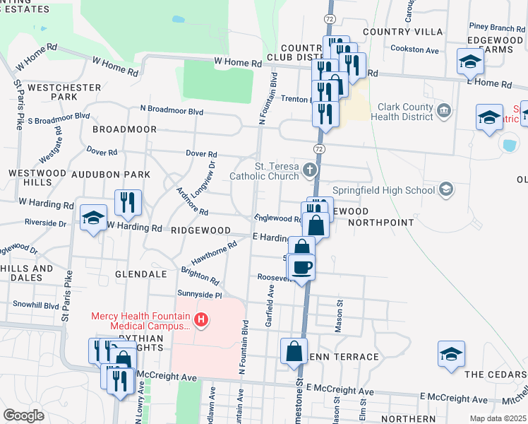 map of restaurants, bars, coffee shops, grocery stores, and more near 40 Englewood Road in Springfield